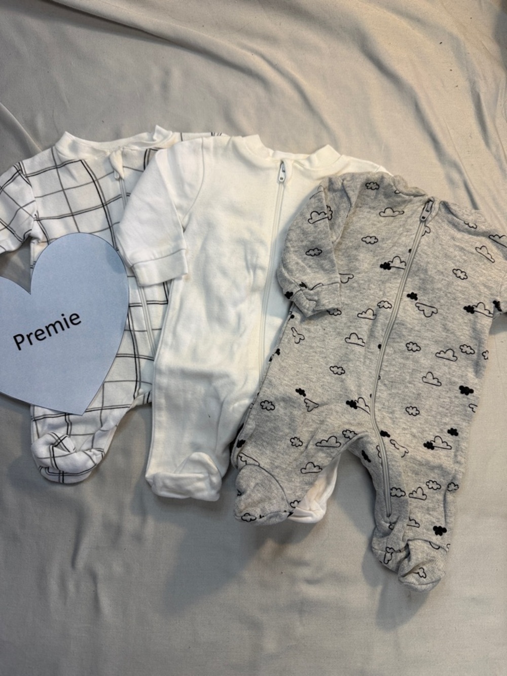 George - set of 3 premie Footies/Footed sleepers - Grey, White, and Checkered